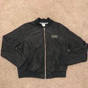 Bomber jacket w gold zippers and pink in gold